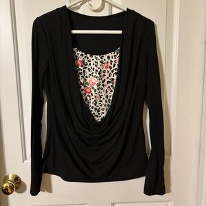 Black Drape Front Top with Floral Accent
